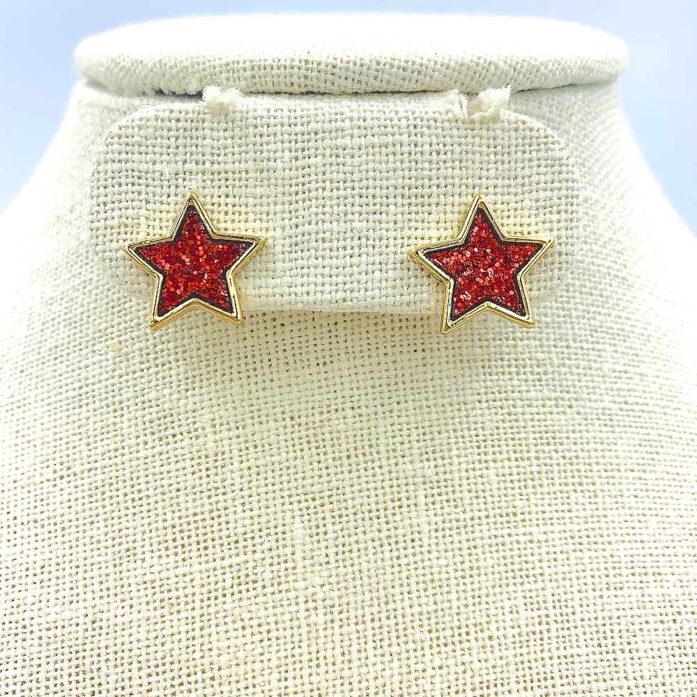 Glitter Star Stud Earrings - Red